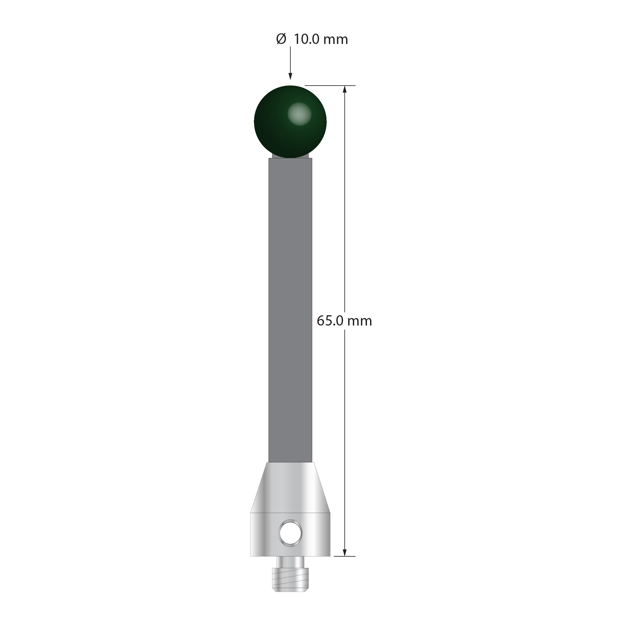 M5 Therm-X stylus with 10.0 mm diameter silicon nitride ball, 6.0 mm diameter carbon fiber stem, and 11.0 mm diameter x 13.0 mm long titanium base. Overall stylus length is 65.0 mm. Stylus weight is 7.08 grams.