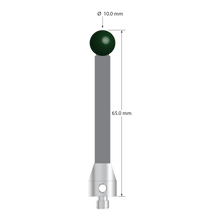 M5 Therm-X stylus with 10.0 mm diameter silicon nitride ball, 6.0 mm diameter carbon fiber stem, and 11.0 mm diameter x 13.0 mm long titanium base. Overall stylus length is 65.0 mm. Stylus weight is 7.08 grams.
