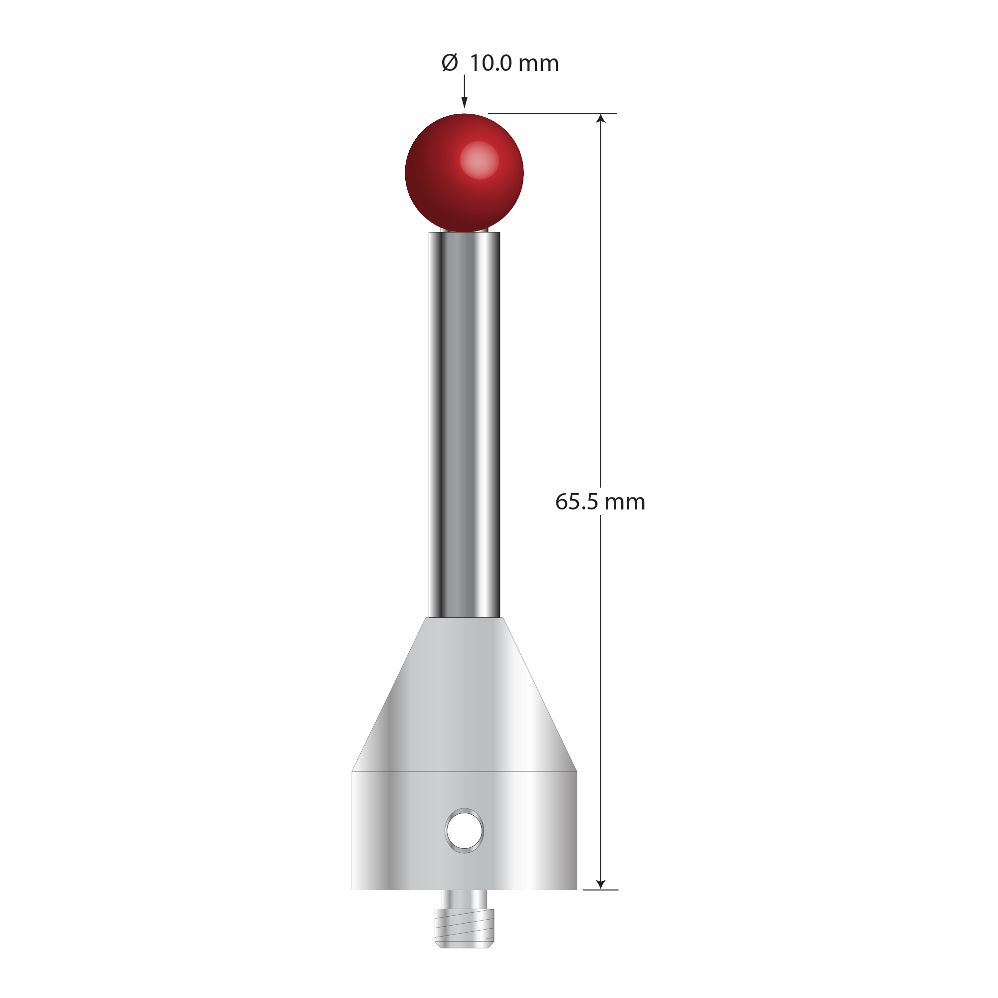 M5 stylus with 10.0 mm diameter ruby ball, 6.0 mm diameter carbide stem, and 19.0 mm diameter x 22.0 mm long stainless steel base. Overall stylus length is 65.5 mm. Stylus weight is 40.06 grams. Compare to Renishaw A-5555-0039.
