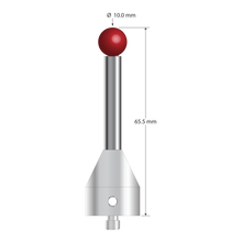 M5 stylus with 10.0 mm diameter ruby ball, 6.0 mm diameter carbide stem, and 19.0 mm diameter x 22.0 mm long stainless steel base. Overall stylus length is 65.5 mm. Stylus weight is 40.06 grams. Compare to Renishaw A-5555-0039.