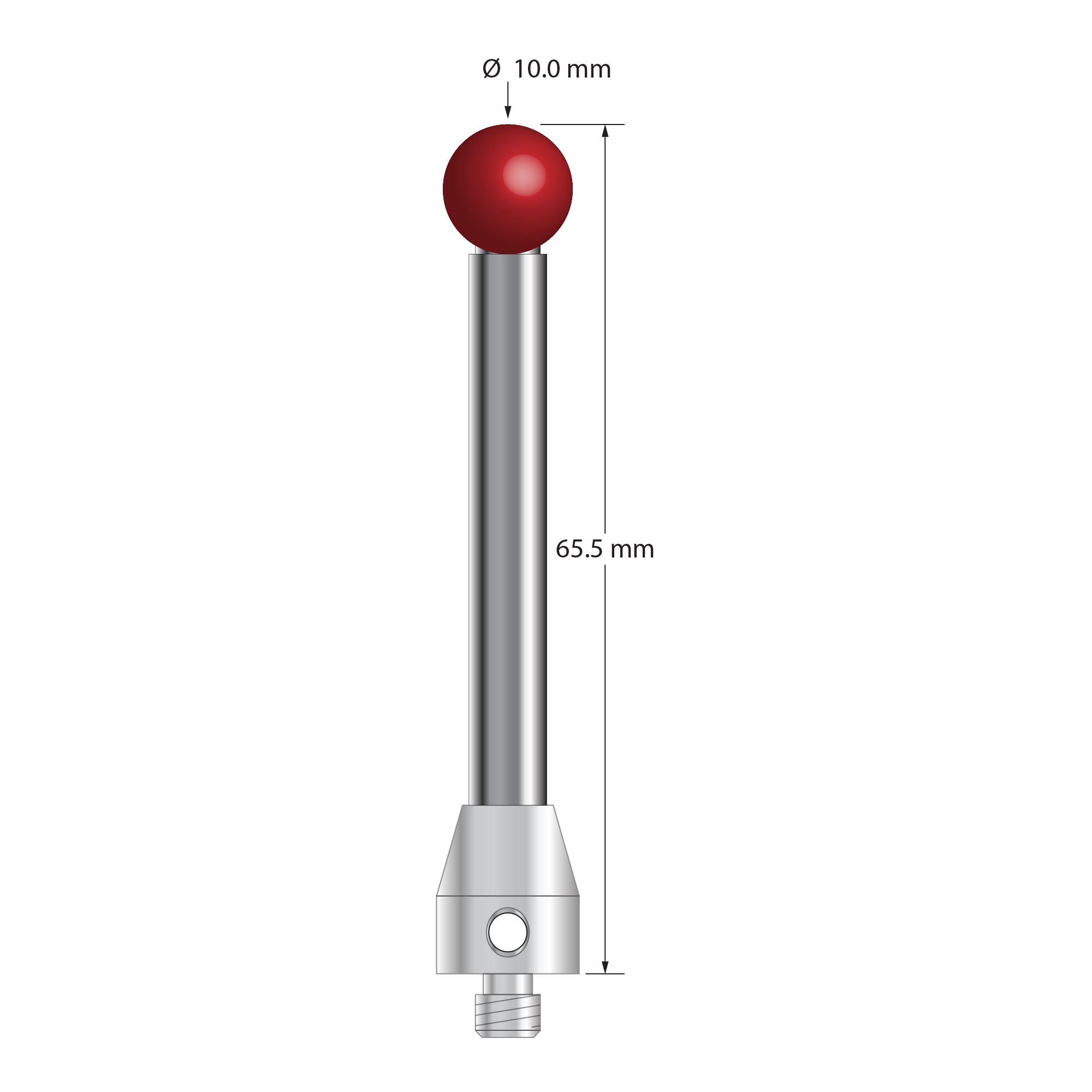 M5 stylus with 10.0 mm diameter ruby ball, 6.0 mm diameter carbide stem, and 11.0 mm diameter x 13.0 mm long stainless steel base. Overall stylus length is 65.5 mm. Stylus weight is 32.46 grams. Compare to Zeiss 600342-8029-000 and Renishaw A-5555-0038.
