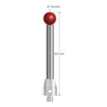 M5 stylus with 10.0 mm diameter ruby ball, 6.0 mm diameter carbide stem, and 11.0 mm diameter x 13.0 mm long stainless steel base. Overall stylus length is 65.5 mm. Stylus weight is 32.46 grams. Compare to Zeiss 600342-8029-000 and Renishaw A-5555-0038.