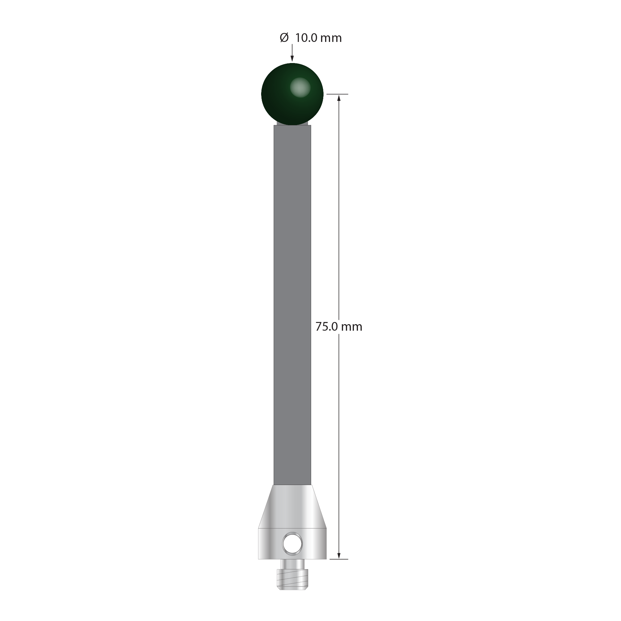 M5 stylus with 10.0 mm diameter ruby ball, 6.0 mm diameter carbon fiber stem, and 11.0 mm diameter x 12.0 mm long stainless steel base. Stylus length to ball center is 75.0 mm. Stylus weight is 9.87 grams.
