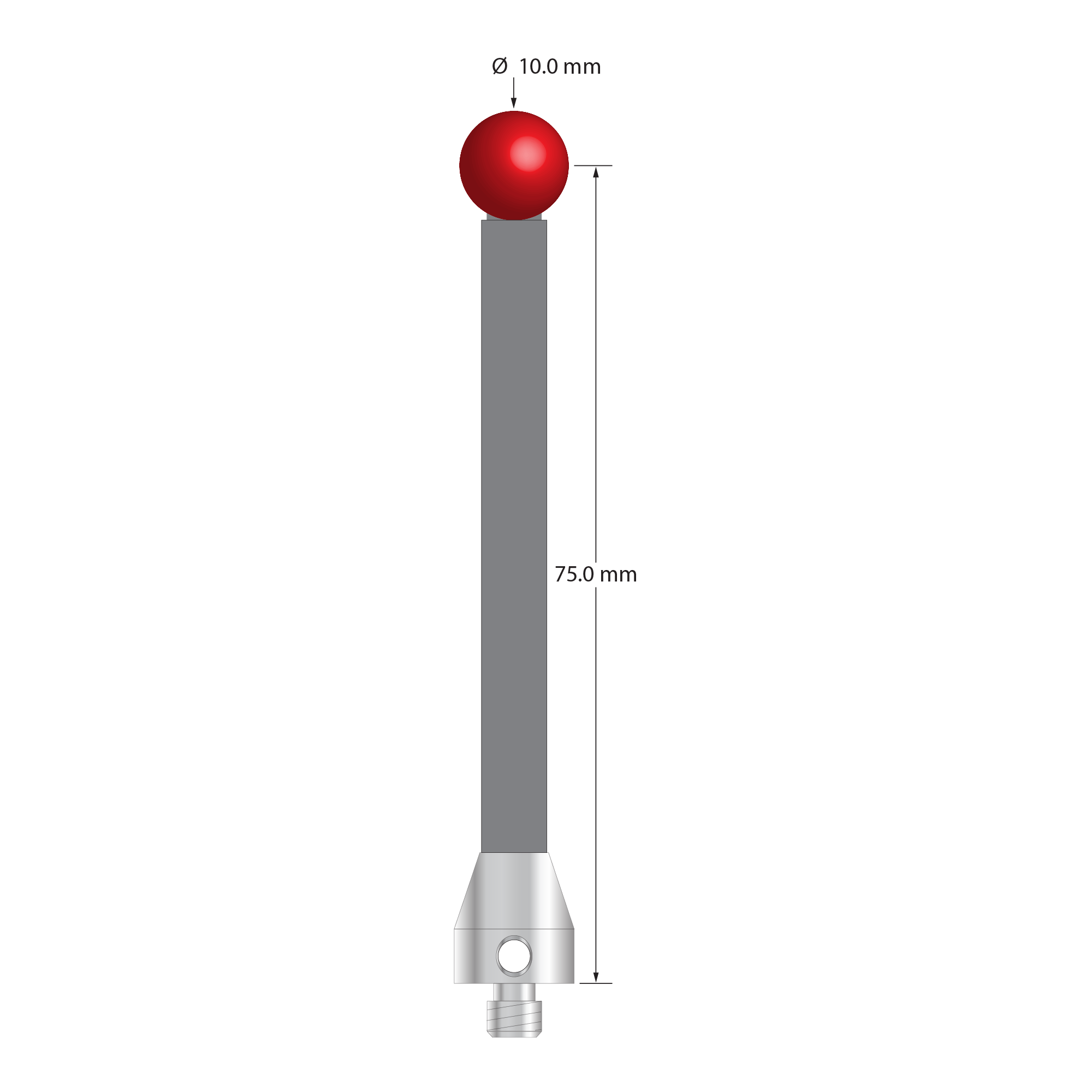 M5 stylus with 10.0 mm diameter ruby ball, 6.0 mm diameter carbon fiber stem, and 11.0 mm diameter x 12.0 mm long stainless steel base. Stylus length to ball center is 75.0 mm. Stylus weight is 9.87 grams. Compare to Renishaw A-5003-5252.