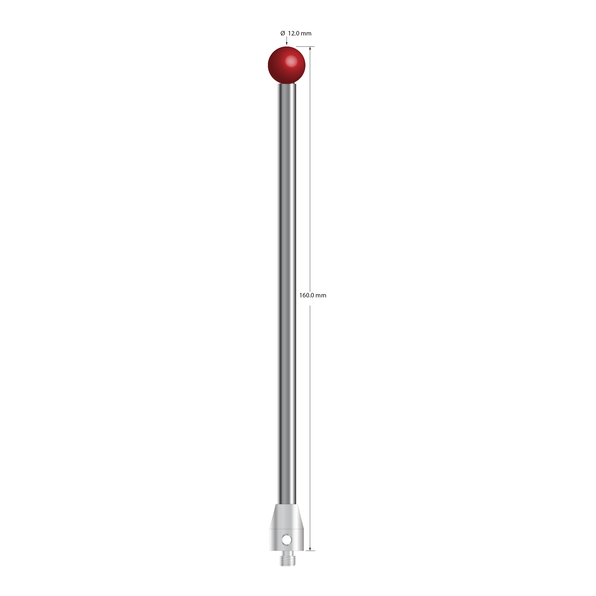 M5 stylus with 12.0 mm diameter ruby ball, 6.0 mm diameter carbide stem, and 11.0 mm diameter x 15.0 mm long stainless steel base. Overall stylus length is 160.0 mm. Stylus weight is 67.24 grams. Compare to Zeiss 626105-1224-160.