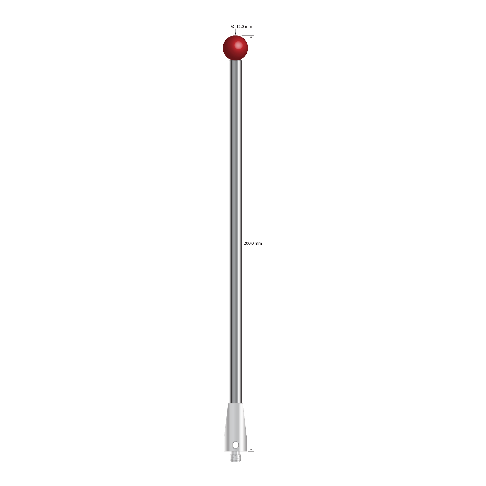 M5 stylus with 12.0 mm diameter ruby ball, 6.0 mm diameter carbide stem, and 11.0 mm diameter x 23.0 mm long stainless steel base. Overall stylus length is 200.0 mm. Stylus weight is 83.53 grams.