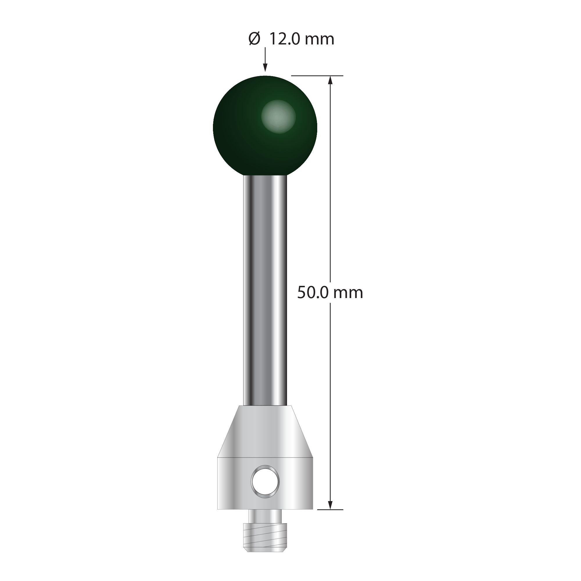 M5 stylus with 12.0 mm diameter silicon nitride ball, 5.0 mm diameter carbide stem, and 11.0 mm diameter x 12.0 mm long stainless steel base. Overall stylus length is 50.0 mm. Stylus weight is 18.15 grams.