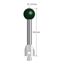 M5 stylus with 12.0 mm diameter silicon nitride ball, 5.0 mm diameter carbide stem, and 11.0 mm diameter x 12.0 mm long stainless steel base. Overall stylus length is 50.0 mm. Stylus weight is 18.15 grams.