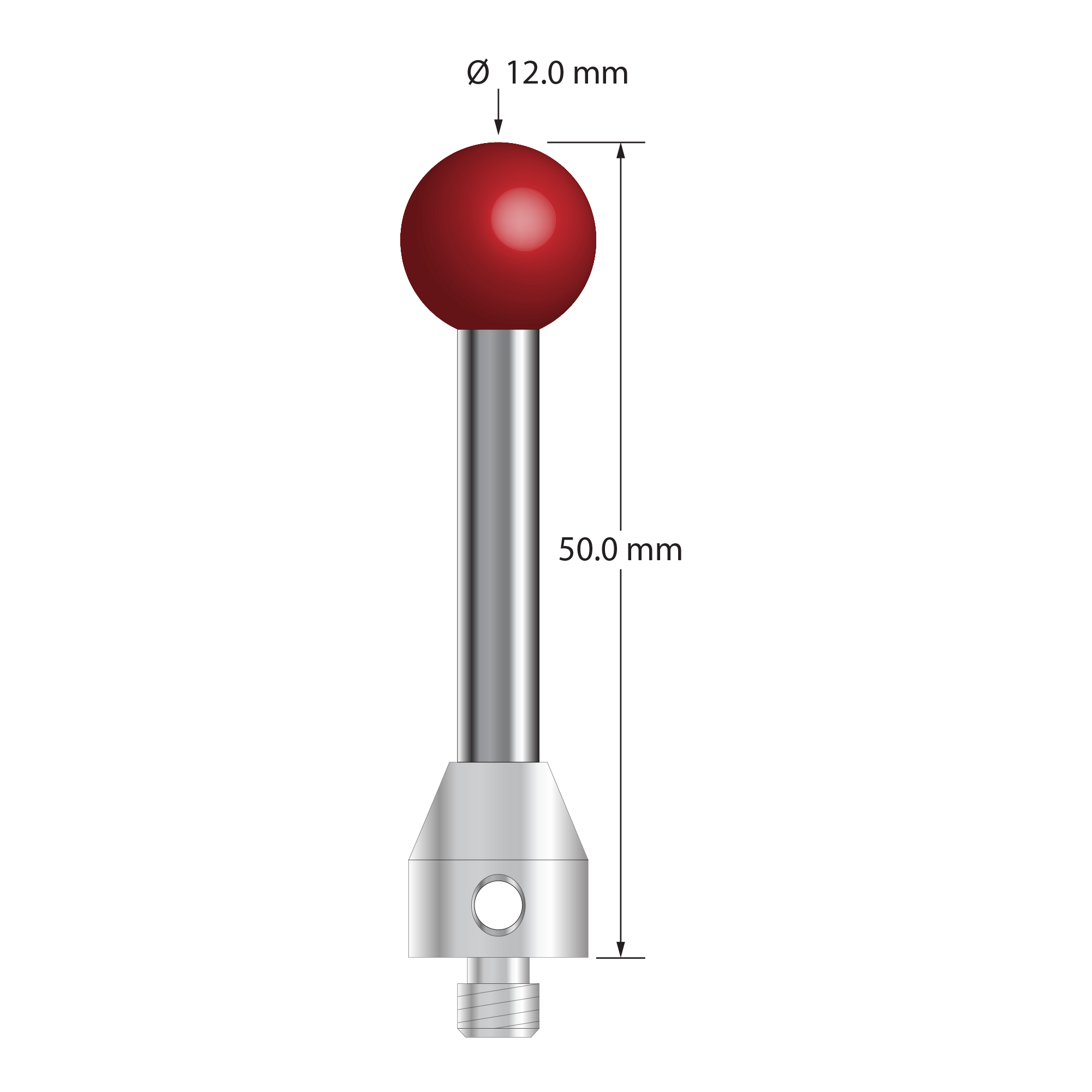 M5 stylus with 12.0 mm diameter ruby ball, 5.0 mm diameter carbide stem, and 11.0 mm diameter x 12.0 mm long stainless steel base. Overall stylus length is 50.0 mm. Stylus weight is 18.15 grams.