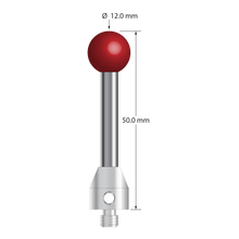 M5 stylus with 12.0 mm diameter ruby ball, 5.0 mm diameter carbide stem, and 11.0 mm diameter x 12.0 mm long stainless steel base. Overall stylus length is 50.0 mm. Stylus weight is 18.15 grams.