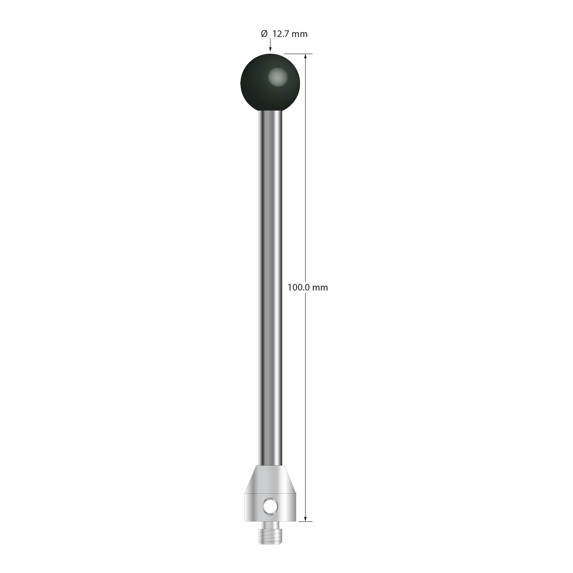 M5 stylus with 12.7 mm diameter Grade 5 silicon nitride ball, 5.0 mm diameter carbide stem, and 11.0 mm diameter x 12.0 mm long stainless steel base. Overall stylus length is 100.0 mm. Stylus weight is 32.69 grams.