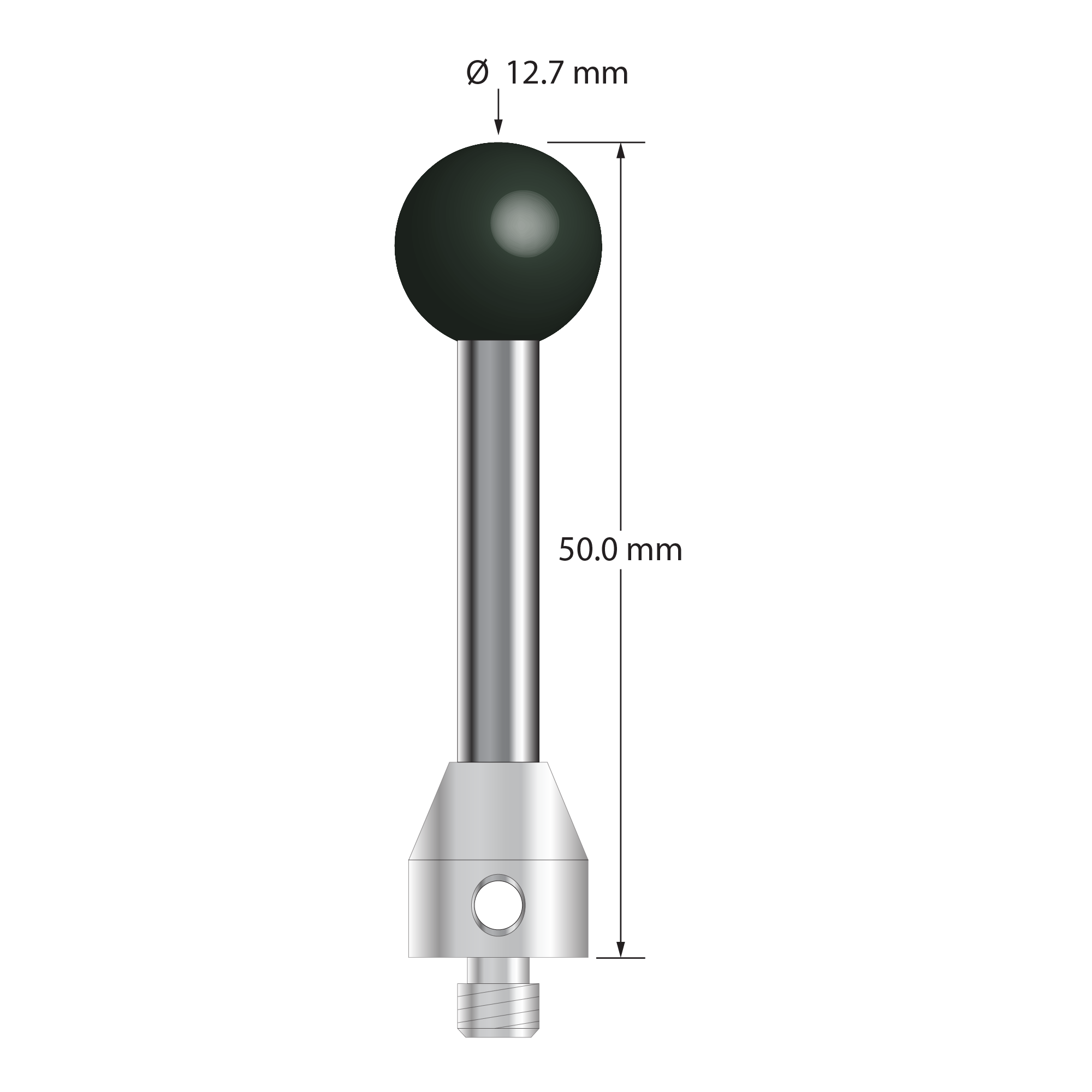 M5 stylus with 12.7 mm diameter Grade 5 silicon nitride ball, 5.0 mm diameter carbide stem, and 11.0 mm diameter x 12.0 mm long stainless steel base. Overall stylus length is 50.0 mm. Stylus weight is 18.50 grams.