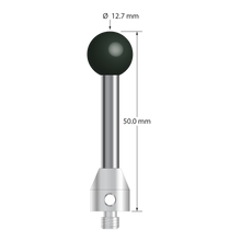M5 stylus with 12.7 mm diameter Grade 5 silicon nitride ball, 5.0 mm diameter carbide stem, and 11.0 mm diameter x 12.0 mm long stainless steel base. Overall stylus length is 50.0 mm. Stylus weight is 18.50 grams.