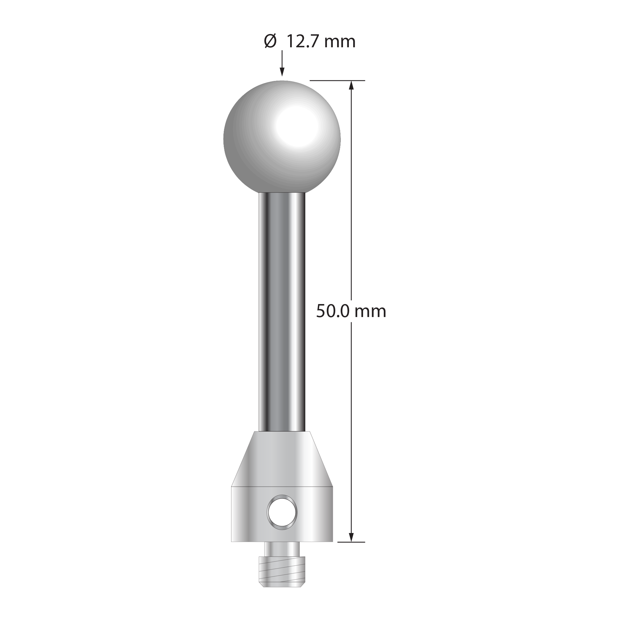 M5 stylus with 12.7 mm diameter Grade 25 ceramic ball, 5.0 mm diameter carbide stem, and 11.0 mm diameter x 12.0 mm long stainless steel base. Overall stylus length is 50.0 mm. Stylus weight is 18.50 grams.