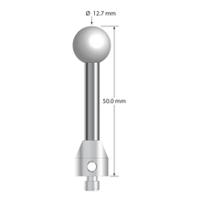 M5 stylus with 12.7 mm diameter Grade 25 ceramic ball, 5.0 mm diameter carbide stem, and 11.0 mm diameter x 12.0 mm long stainless steel base. Overall stylus length is 50.0 mm. Stylus weight is 18.50 grams.