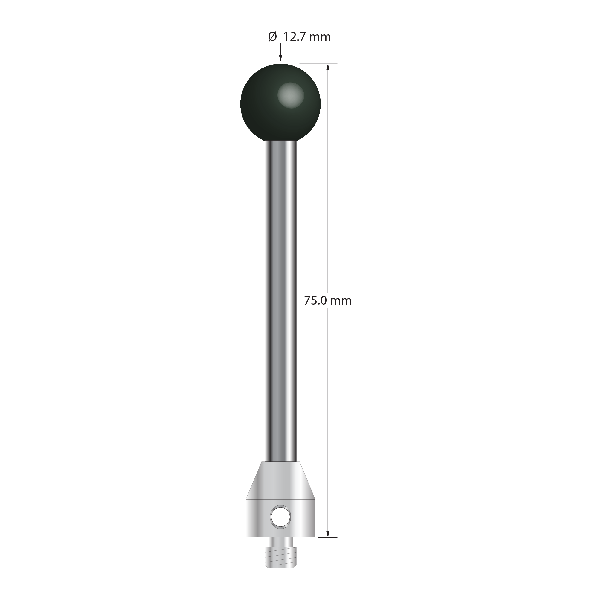 M5 stylus with 12.7 mm diameter Grade 5 silicon nitride ball, 5.0 mm diameter carbide stem, and 11.0 mm diameter x 12.0 mm long stainless steel base. Overall stylus length is 75.0 mm. Stylus weight is 25.61 grams.