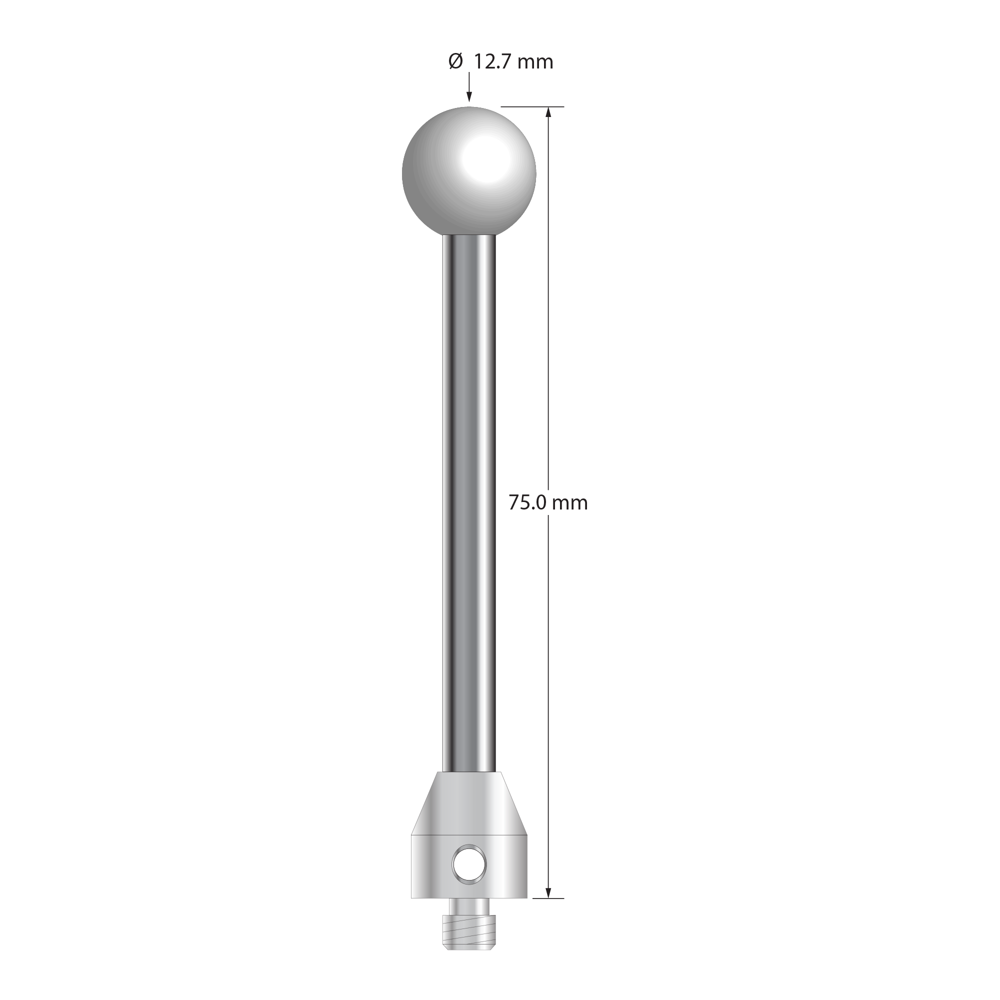 M5 stylus with 12.7 mm diameter Grade 25 ceramic ball, 5.0 mm diameter carbide stem, and 11.0 mm diameter x 12.0 mm long stainless steel base. Overall stylus length is 75.0 mm. Stylus weight is 25.61 grams.