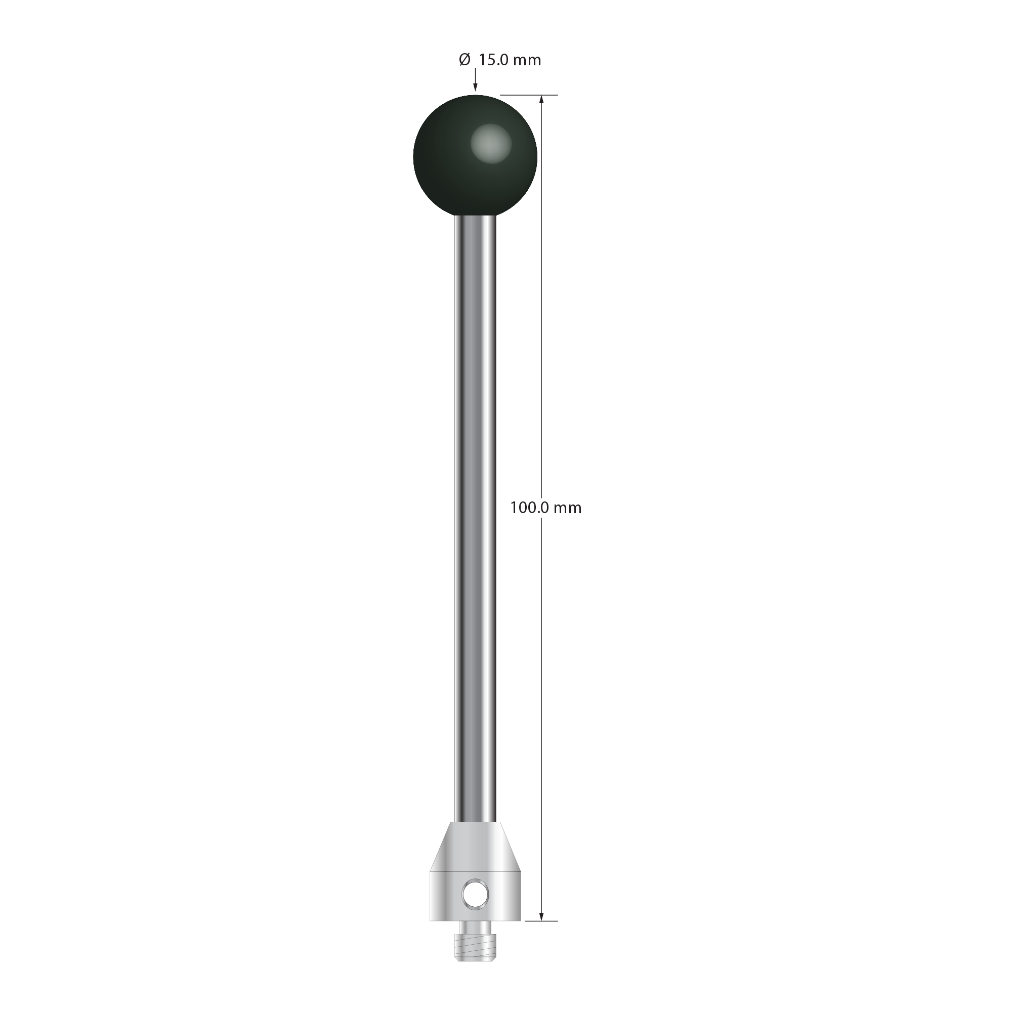 M5 stylus with 15.0 mm diameter silicon nitride ball, 5.0 mm diameter carbide stem, and 11.0 mm diameter x 12.0 mm long stainless steel base. Overall stylus length is 100.0 mm. Stylus weight is 34.74 grams.