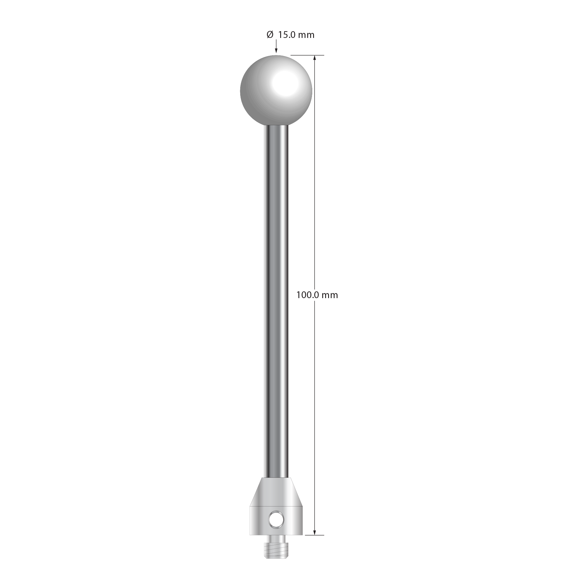 M5 stylus with 15.0 mm diameter Grade 25 ceramic ball, 5.0 mm diameter carbide stem, and 11.0 mm diameter x 12.0 mm long stainless steel base. Overall stylus length is 100.0 mm. Stylus weight is 34.74 grams.