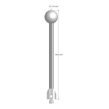 M5 stylus with 15.0 mm diameter Grade 25 ceramic ball, 5.0 mm diameter carbide stem, and 11.0 mm diameter x 12.0 mm long stainless steel base. Overall stylus length is 100.0 mm. Stylus weight is 34.74 grams.