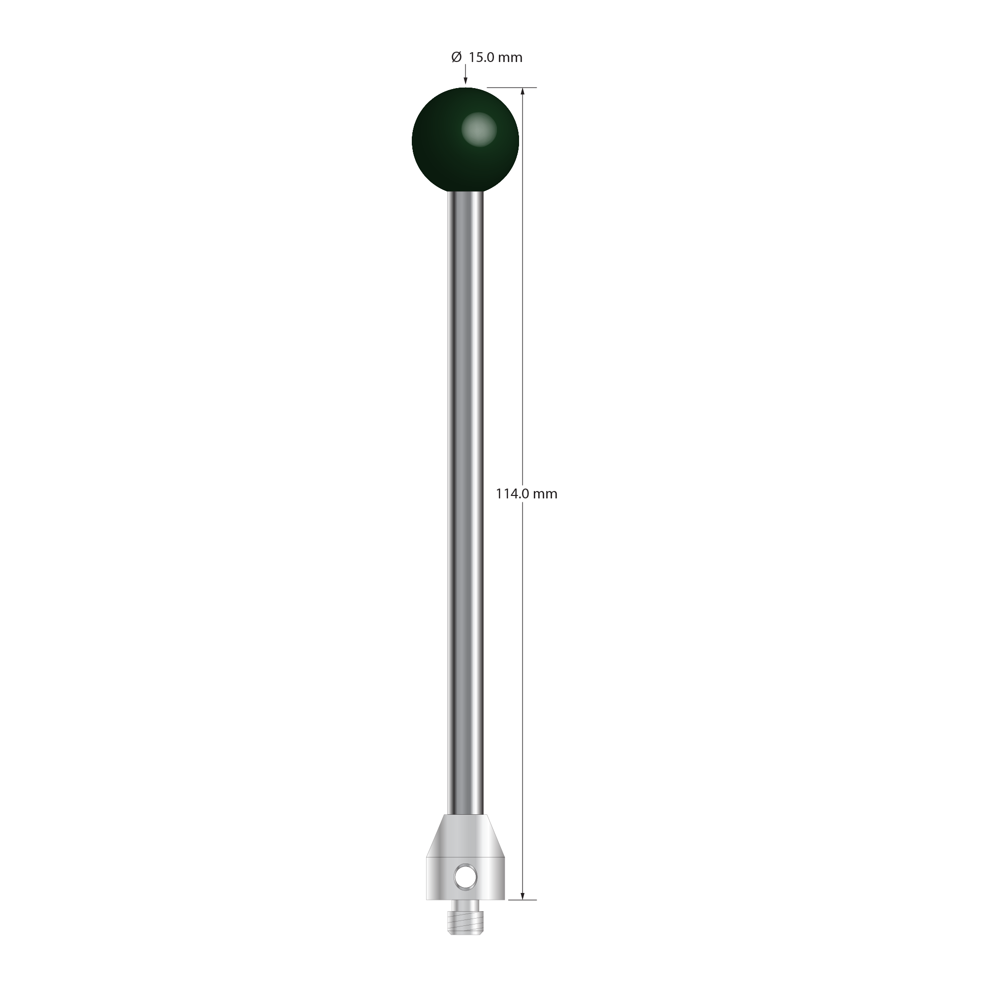 M5 stylus with 15.0 mm diameter silicon nitride ball, 5.0 mm diameter carbide stem, and 11.0 mm diameter x 15.0 mm long stainless steel base. Overall stylus length is 114.0 mm. Stylus weight is 38.71 grams.