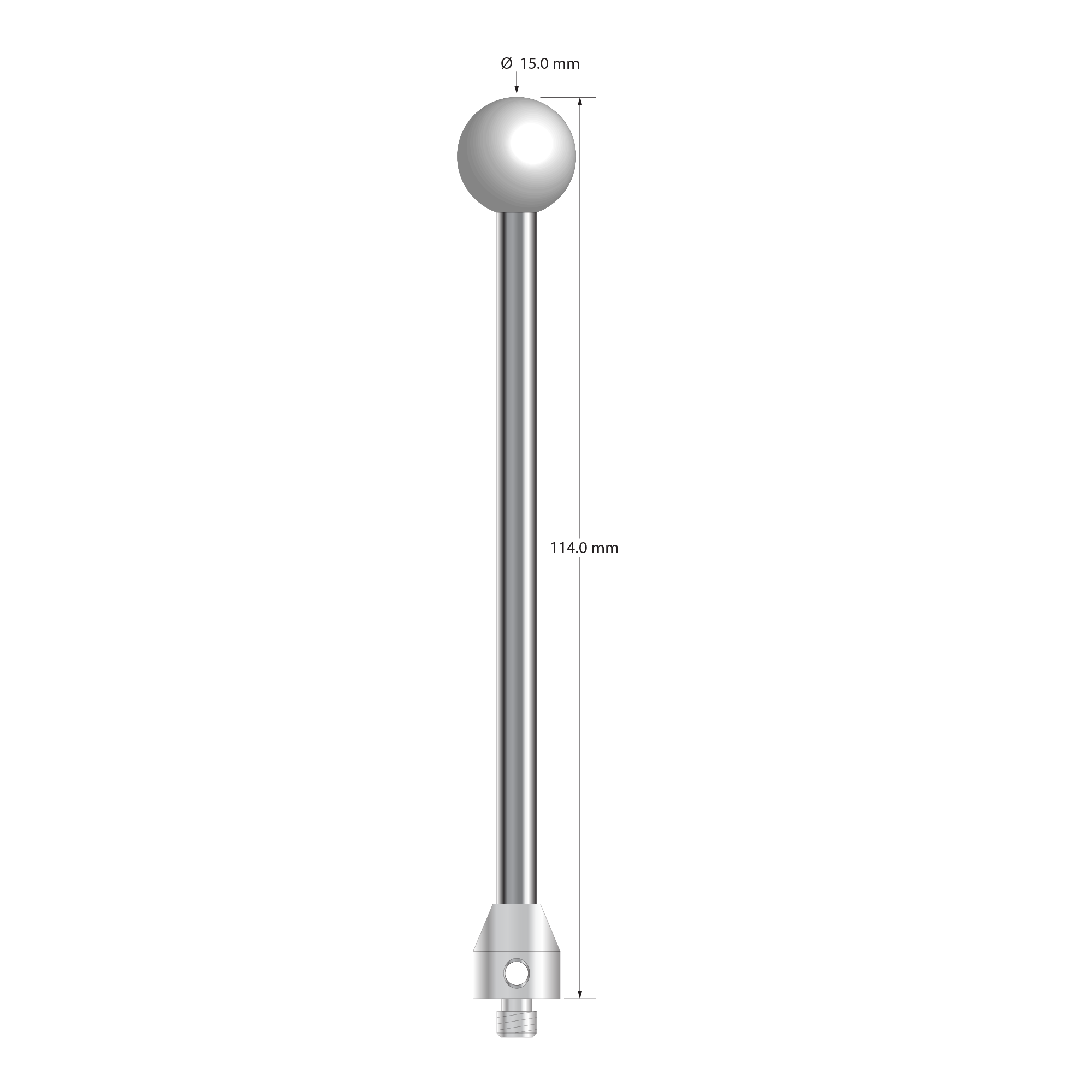 M5 stylus with 15.0 mm diameter Grade 25 ceramic ball, 5.0 mm diameter carbide stem, and 11.0 mm diameter x 15.0 mm long stainless steel base. Overall stylus length is 114.0 mm. Stylus weight is 38.71 grams.