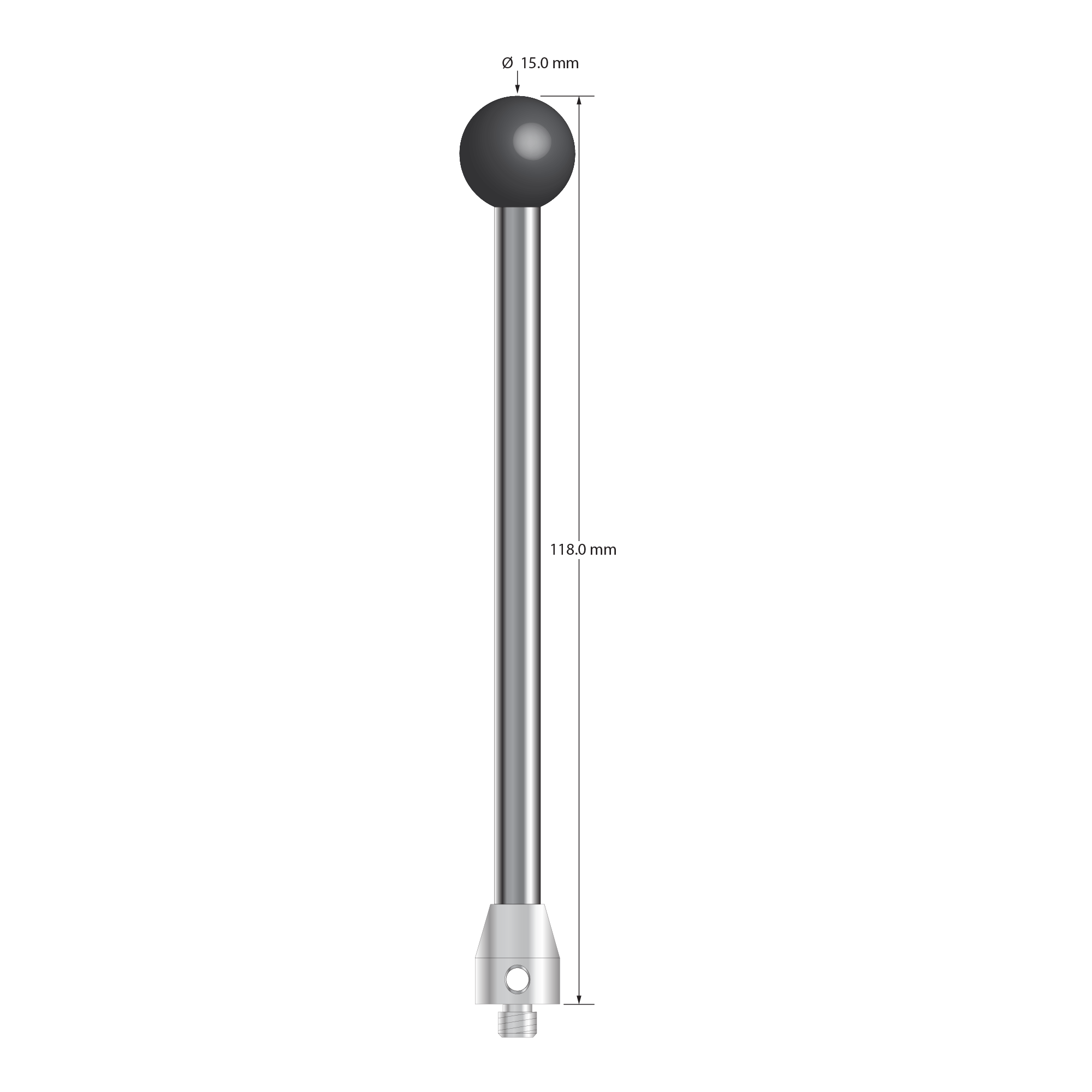 ATG-150118-DS6-SN M5 stylus, 15.0mm silicon nitride ball, carbide stem, stainless steel base, 118.0mm long.