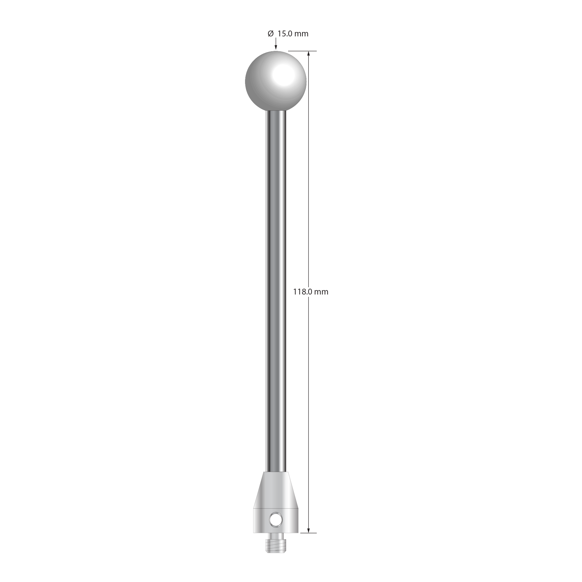 ATG-150118 M5 stylus, 15mm ceramic ball, carbide stem, stainless steel base, 118mm long by Q-Mark Manufacturing, Inc.