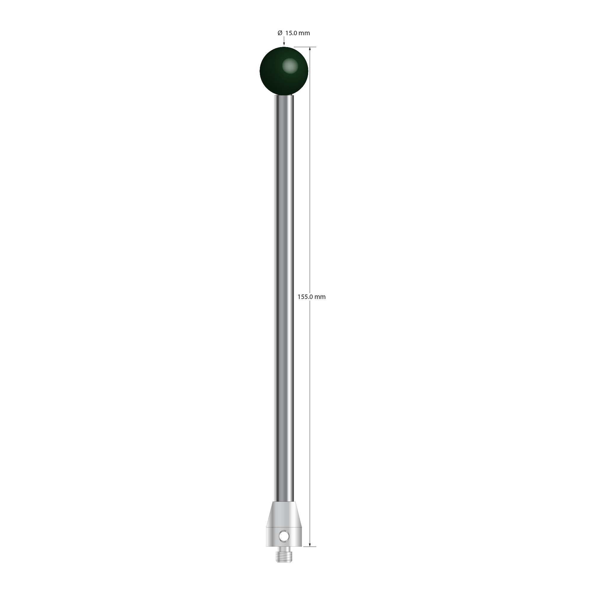 M5 stylus with 15.0 mm diameter silicon nitride ball, 6.0 mm diameter carbide stem, and 11.0 mm diameter x 15.0 mm long stainless steel base. Overall stylus length is 155.0 mm. Stylus weight is 67.54 grams.