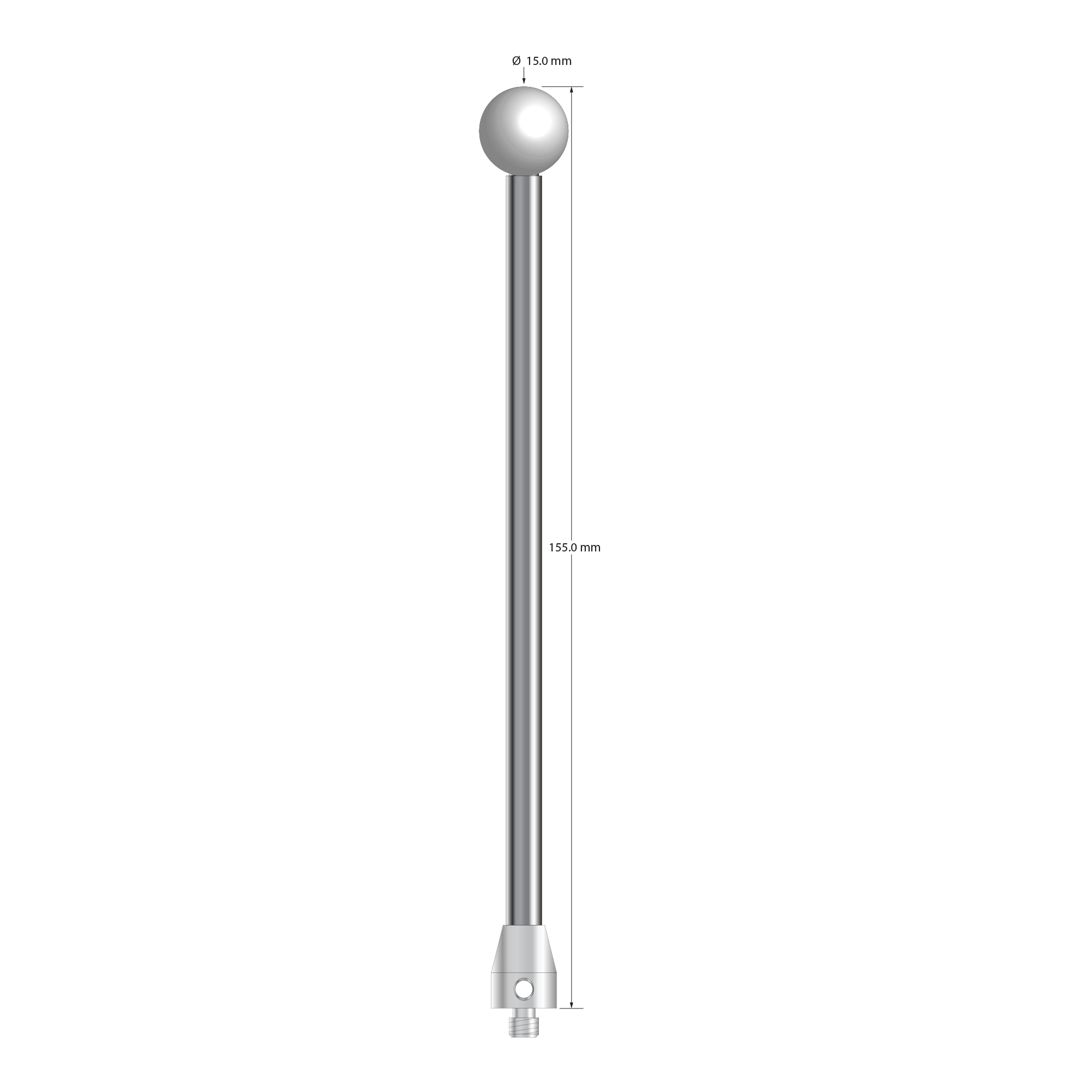 M5 stylus with 15.0 mm diameter Grade 25 ceramic ball, 6.0 mm diameter carbide stem, and 11.0 mm diameter x 15.0 mm long stainless steel base. Overall stylus length is 155.0 mm. Stylus weight is 67.54 grams.