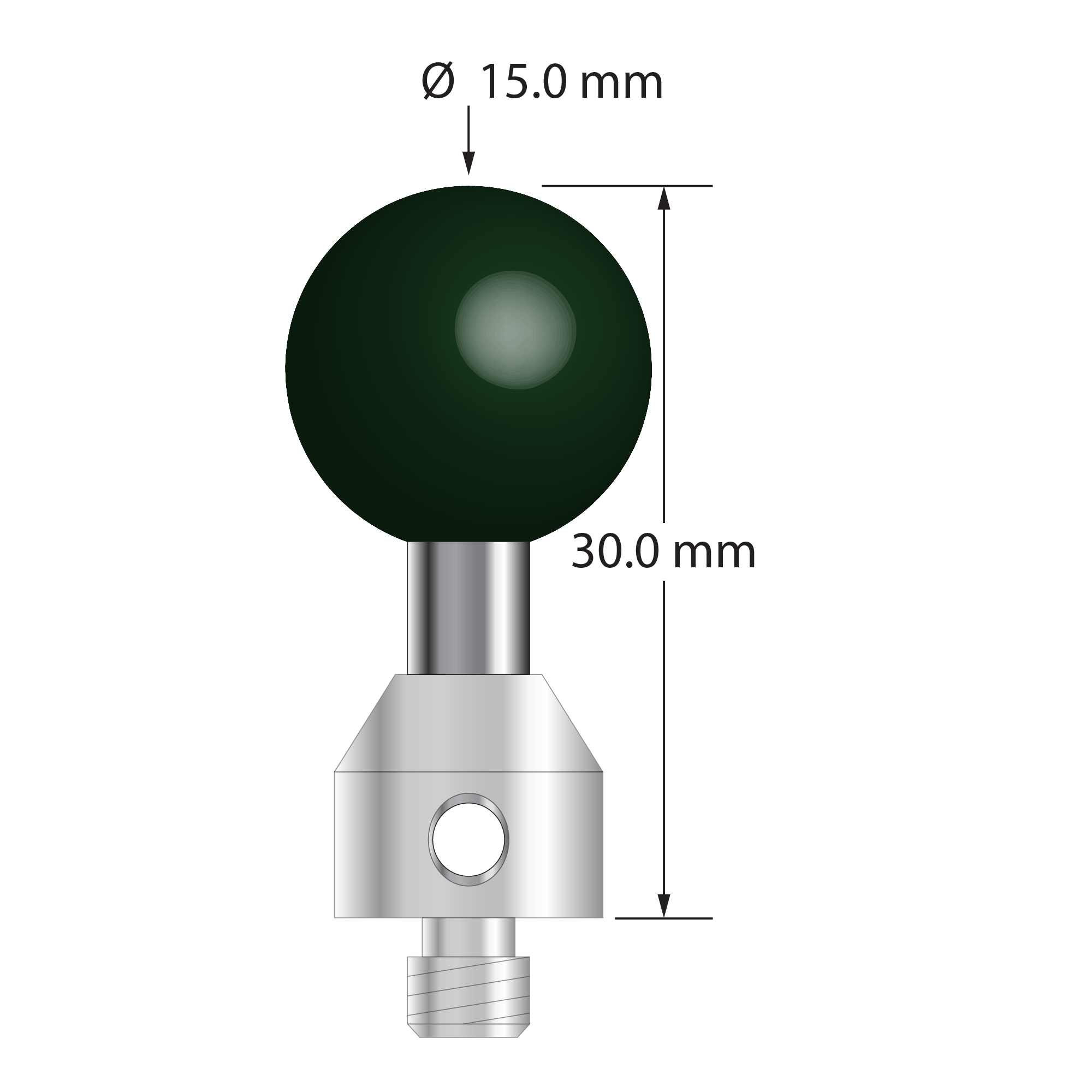 M5 stylus with 15.0 mm diameter silicon nitride ball, 5.0 mm diameter carbide stem, and 11.0 mm diameter x 10.0 mm long stainless steel base. Overall stylus length is 30.0 mm. Stylus weight is 14.56 grams.