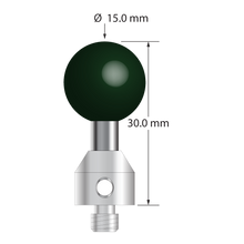 M5 stylus with 15.0 mm diameter silicon nitride ball, 5.0 mm diameter carbide stem, and 11.0 mm diameter x 10.0 mm long stainless steel base. Overall stylus length is 30.0 mm. Stylus weight is 14.56 grams.