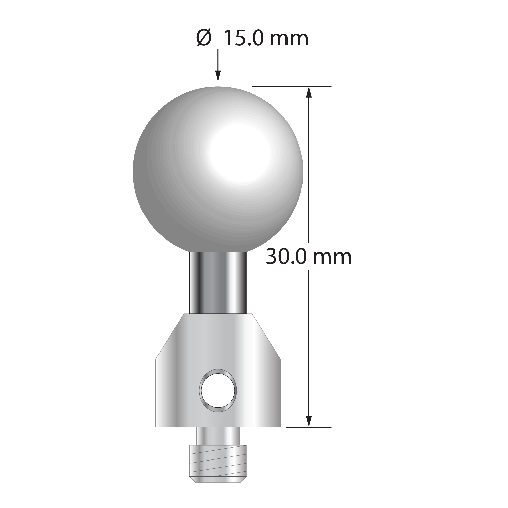 M5 stylus with 15.0 mm diameter Grade 25 ceramic ball, 5.0 mm diameter carbide stem, and 11.0 mm diameter x 10.0 mm long stainless steel base. Overall stylus length is 30.0 mm. Stylus weight is 14.56 grams.