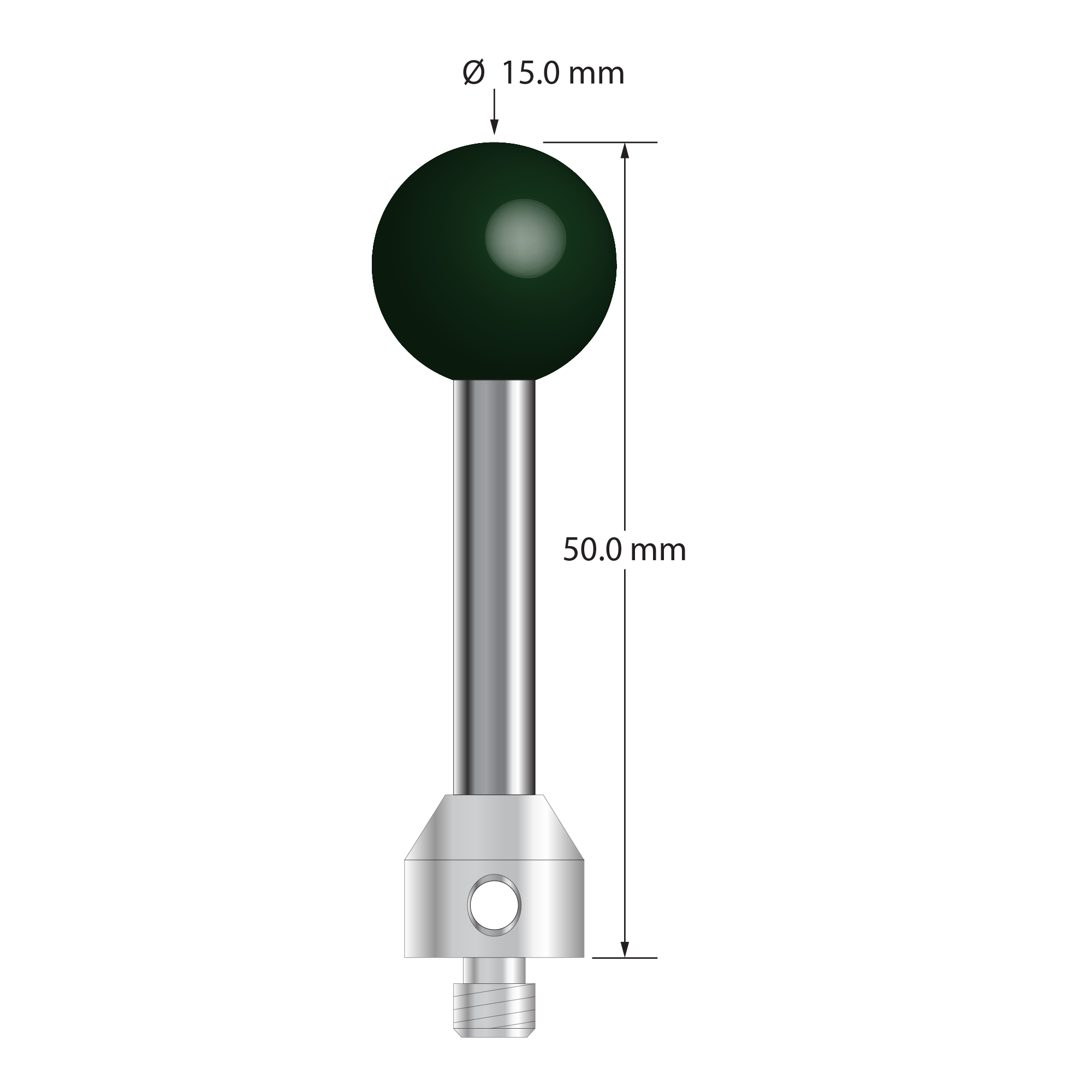 M5 stylus with 15.0 mm diameter silicon nitride ball, 5.0 mm diameter carbide stem, and 11.0 mm diameter x 12.0 mm long stainless steel base. Overall stylus length is 50.0 mm. Stylus weight is 20.59 grams.