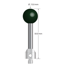 M5 stylus with 15.0 mm diameter silicon nitride ball, 5.0 mm diameter carbide stem, and 11.0 mm diameter x 12.0 mm long stainless steel base. Overall stylus length is 50.0 mm. Stylus weight is 20.59 grams.