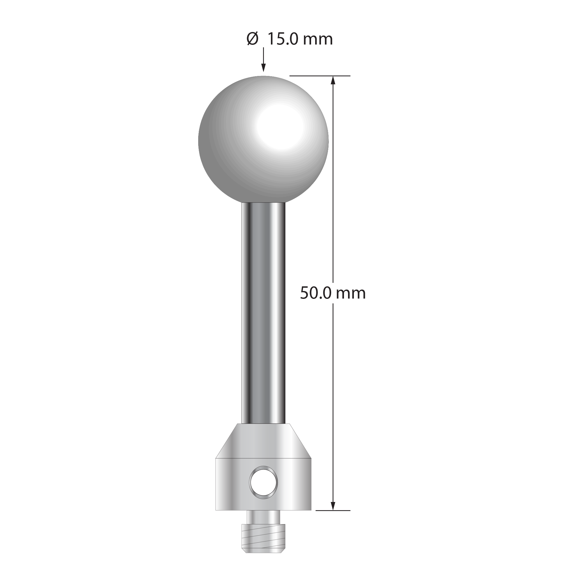 M5 stylus with 15.0 mm diameter Grade 25 ceramic ball, 5.0 mm diameter carbide stem, and 11.0 mm diameter x 12.0 mm long stainless steel base. Overall stylus length is 50.0 mm. Stylus weight is 20.59 grams.