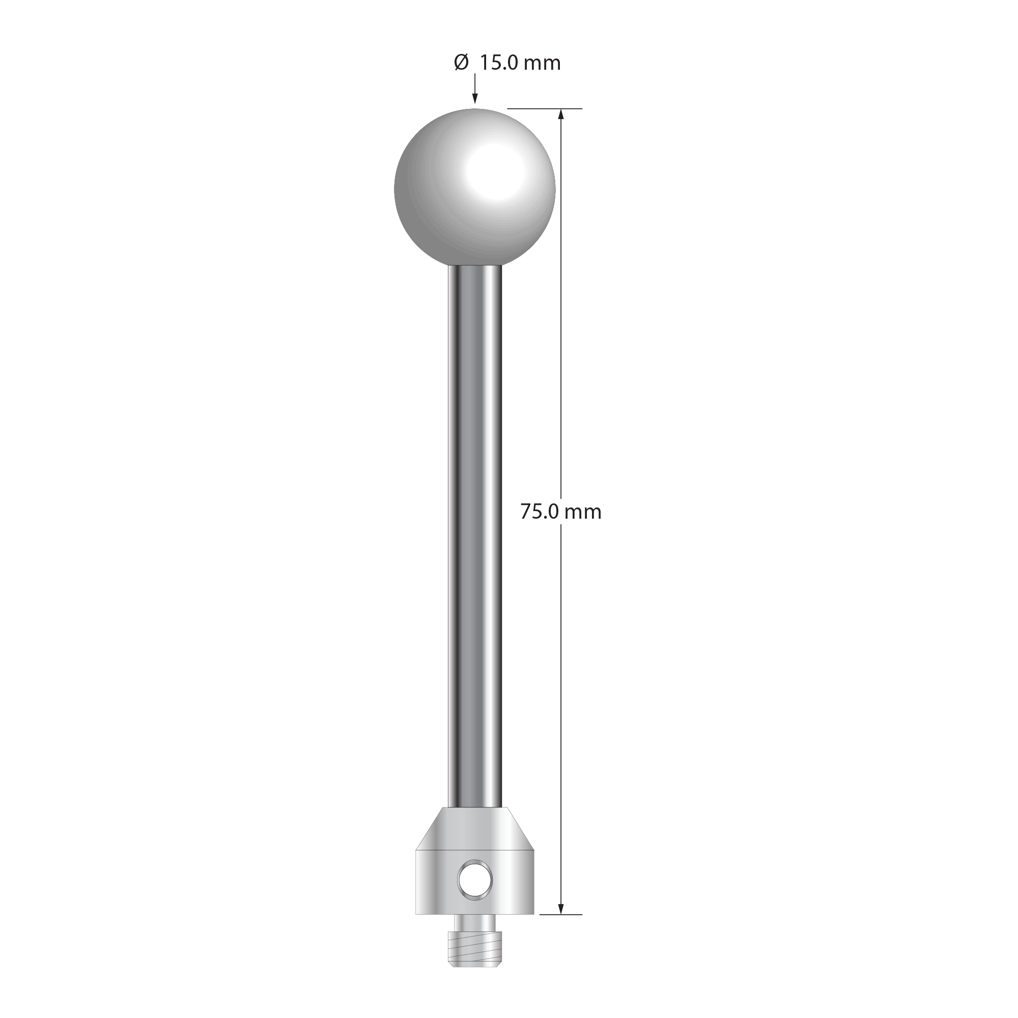 M5 stylus with 15.0 mm diameter Grade 25 ceramic ball, 5.0 mm diameter carbide stem, and 11.0 mm diameter x 12.0 mm long stainless steel base. Overall stylus length is 75.0 mm. Stylus weight is 27.67 grams.