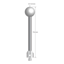 M5 stylus with 15.0 mm diameter Grade 25 ceramic ball, 5.0 mm diameter carbide stem, and 11.0 mm diameter x 12.0 mm long stainless steel base. Overall stylus length is 75.0 mm. Stylus weight is 27.67 grams.