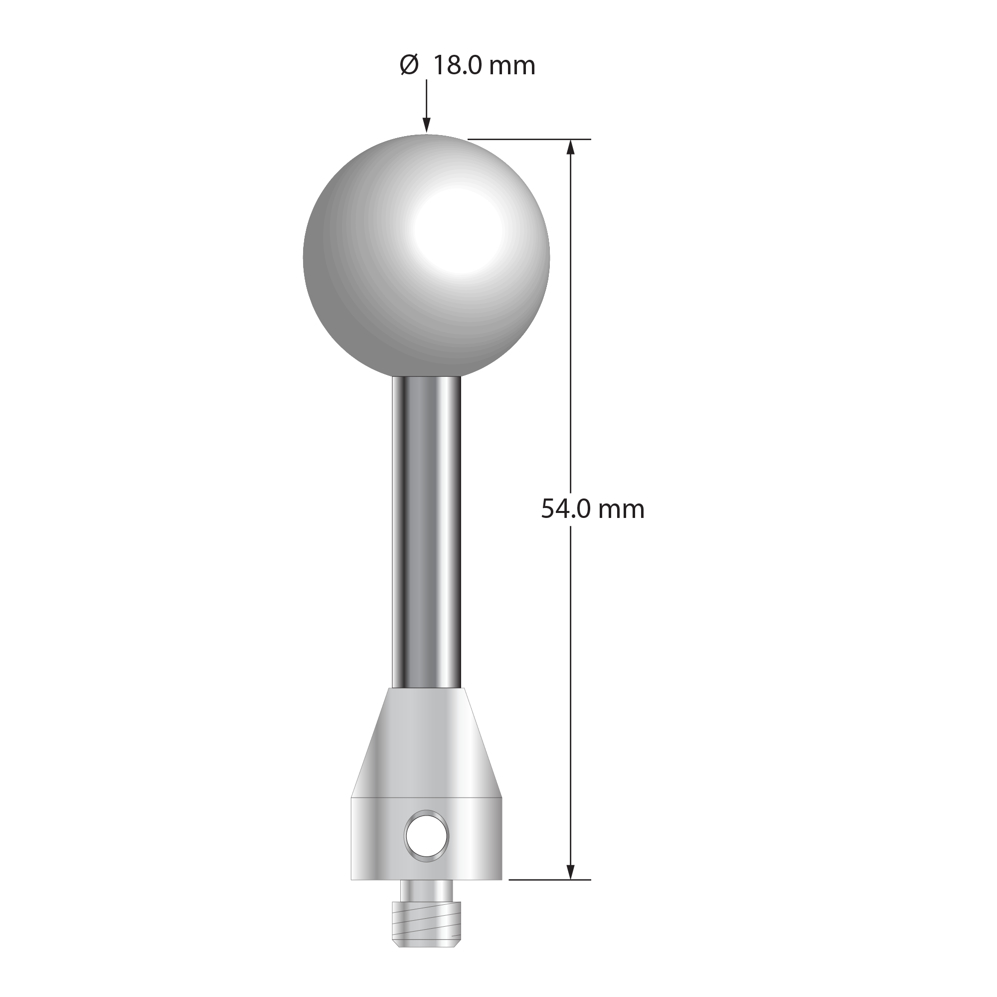 ATG-18054 M5 stylus with 18.0mm ceramic sphere, carbide stem, and stainless steel base, 54.0mm long by Q-Mark Manufacturing, Inc.