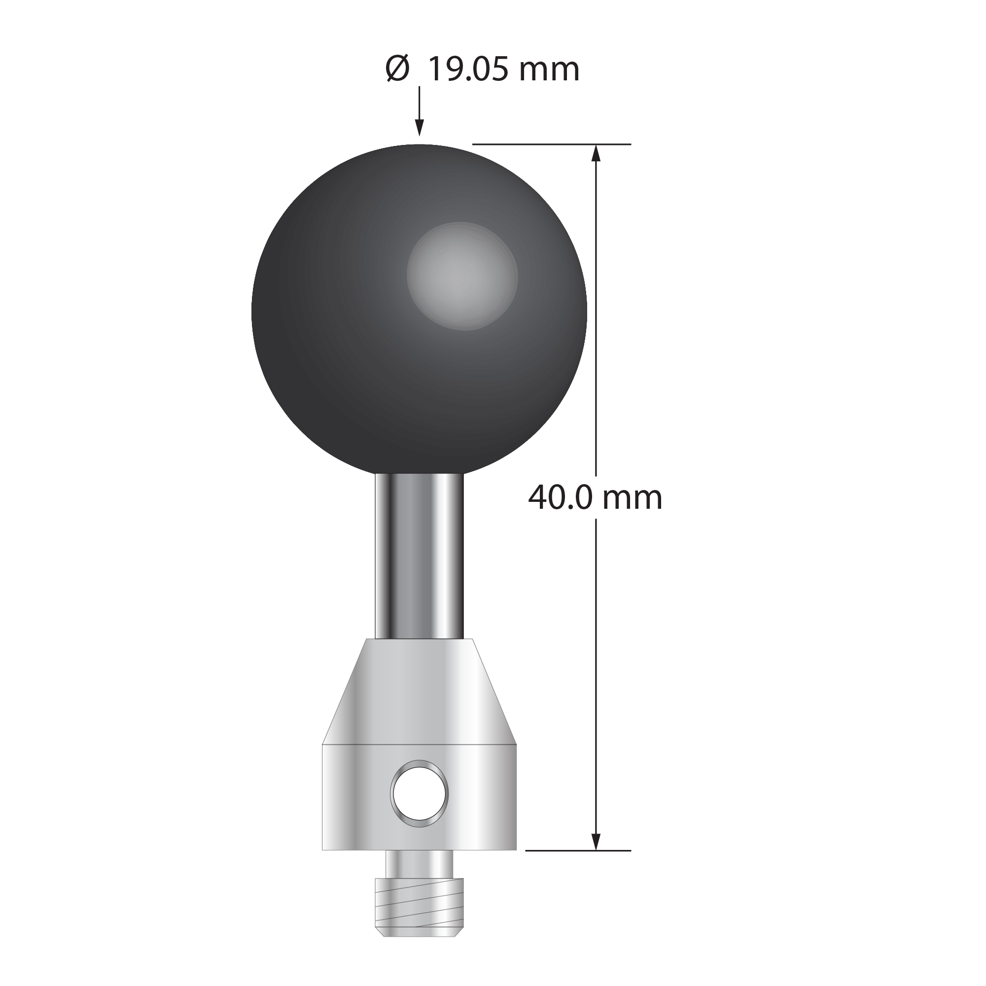M5 stylus with 19.05 mm (0.75") diameter silicon nitride ball, 5.0 mm diameter carbide stem, and 11.0 mm x 10.0 mm long stainless steel base. Overall stylus length is 40.0 mm. Stylus weight is 25.56 grams.