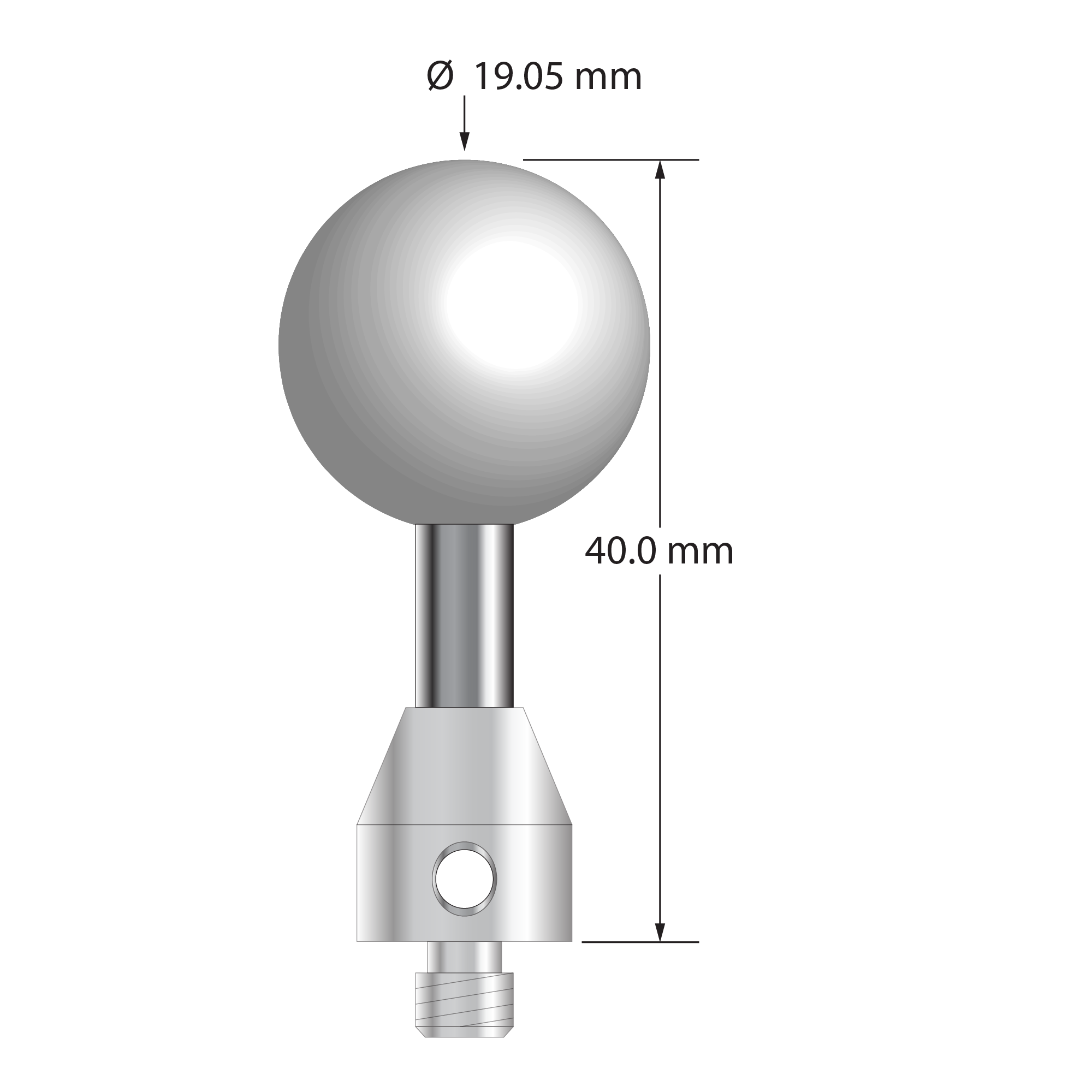 M5 stylus with 19.05 mm (0.75") diameter Grade 25 ceramic ball, 5.0 mm diameter carbide stem, and 11.0 mm x 10.0 mm long stainless steel base. Overall stylus length is 40.0 mm. Stylus weight is 25.56 grams.