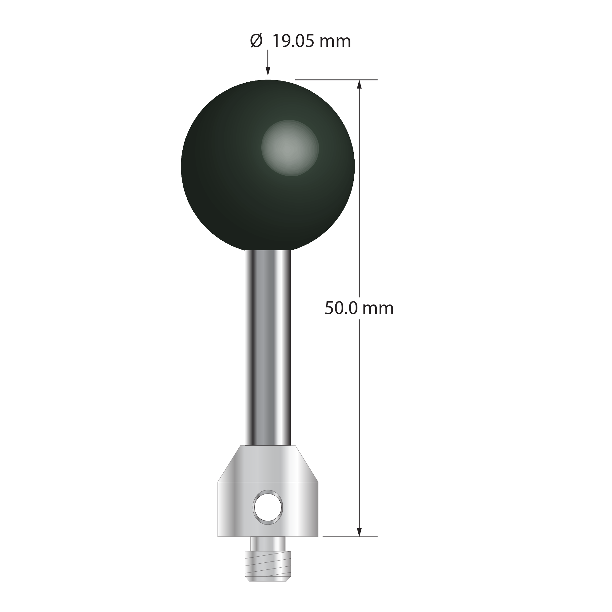 M5 stylus with 19.05 mm (0.75") diameter silicon nitride ball, 5.0 mm diameter carbide stem, and 11.0 mm x 10.0 mm long stainless steel base. Overall stylus length is 50.0 mm. Stylus weight is 28.39 grams.