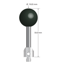 M5 stylus with 19.05 mm (0.75") diameter silicon nitride ball, 5.0 mm diameter carbide stem, and 11.0 mm x 10.0 mm long stainless steel base. Overall stylus length is 50.0 mm. Stylus weight is 28.39 grams.
