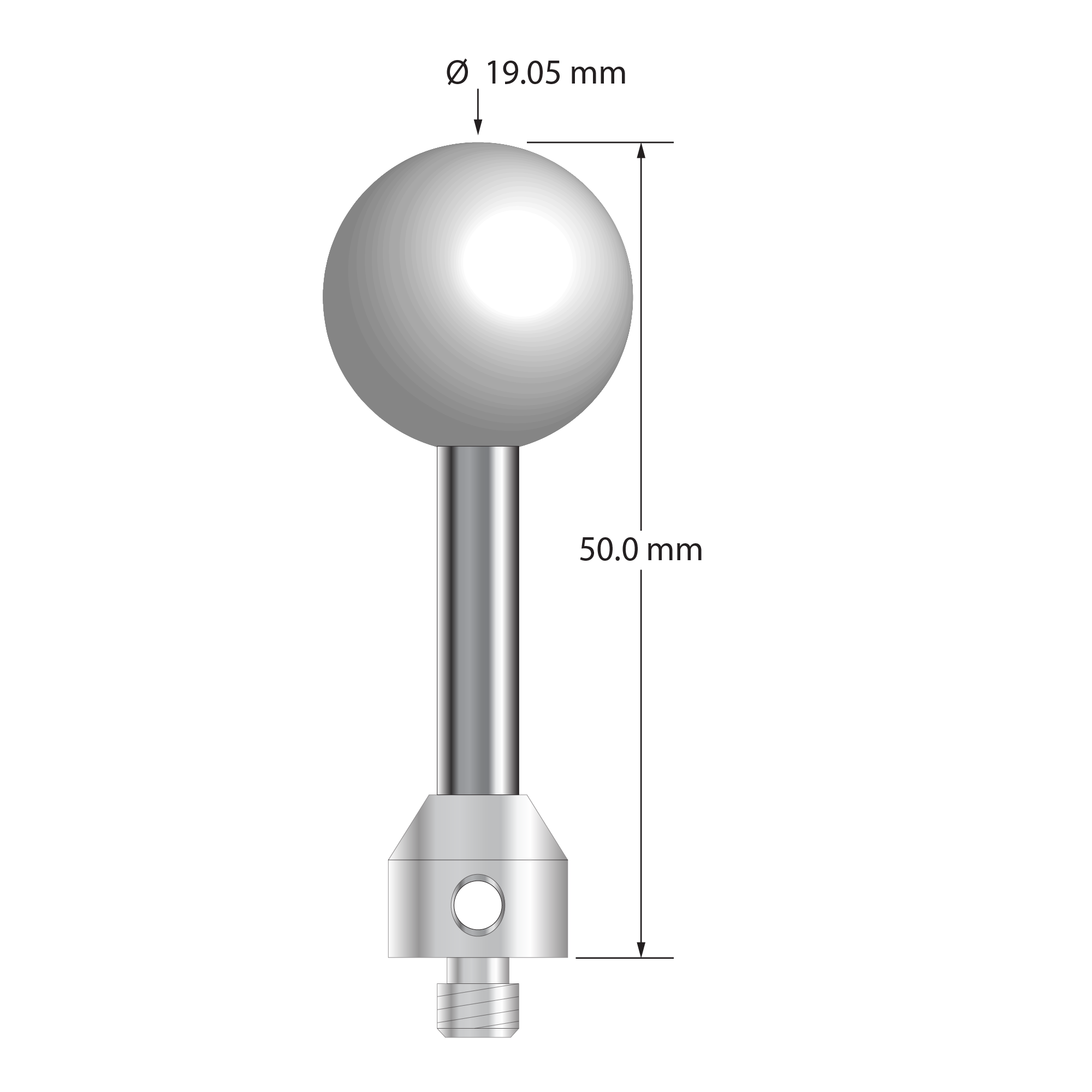 M5 stylus with 19.05 mm (0.75") diameter Grade 25 ceramic ball, 5.0 mm diameter carbide stem, and 11.0 mm x 10.0 mm long stainless steel base. Overall stylus length is 50.0 mm. Stylus weight is 28.39 grams.