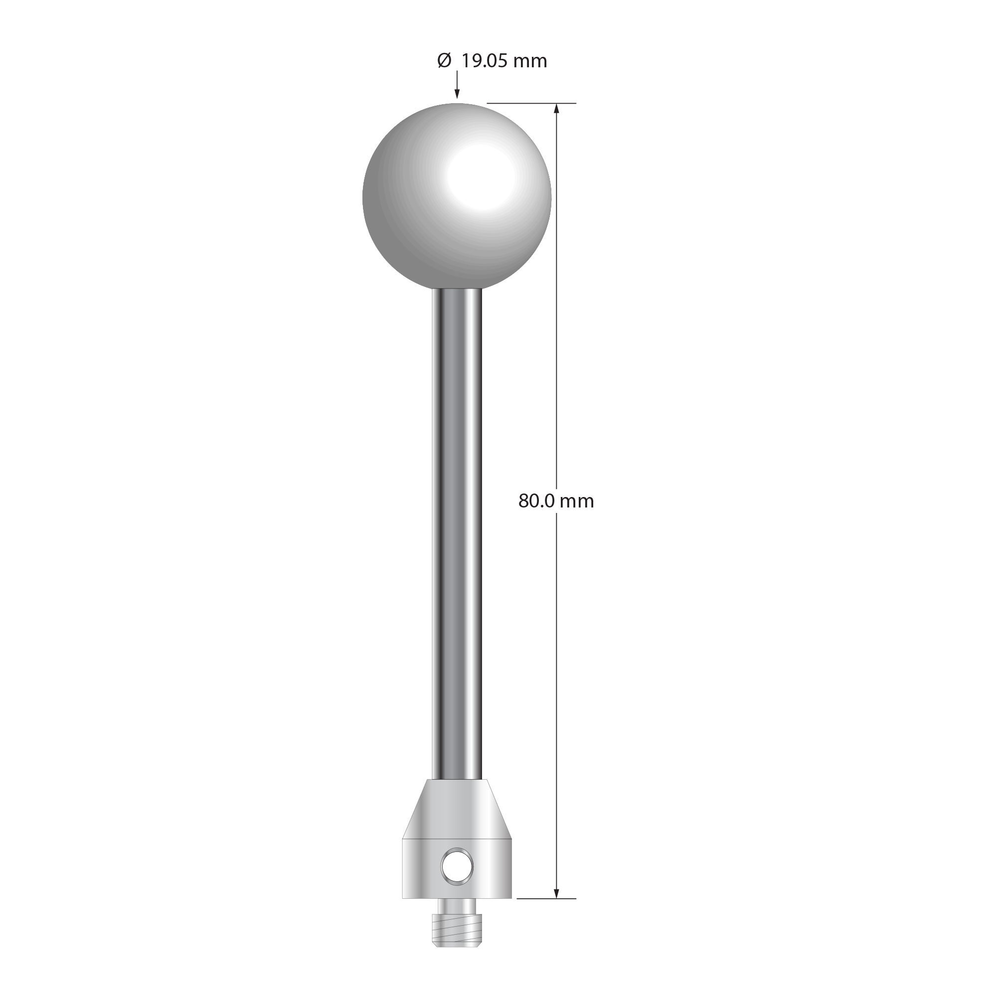 M5 stylus with 19.05 mm (0.75") diameter Grade 25 ceramic ball, 5.0 mm diameter carbide stem, and 11.0 mm x 12.0 mm long stainless steel base. Overall stylus length is 80.0 mm. Stylus weight is 36.88 grams.