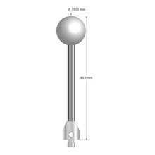 M5 stylus with 19.05 mm (0.75") diameter Grade 25 ceramic ball, 5.0 mm diameter carbide stem, and 11.0 mm x 12.0 mm long stainless steel base. Overall stylus length is 80.0 mm. Stylus weight is 36.88 grams.
