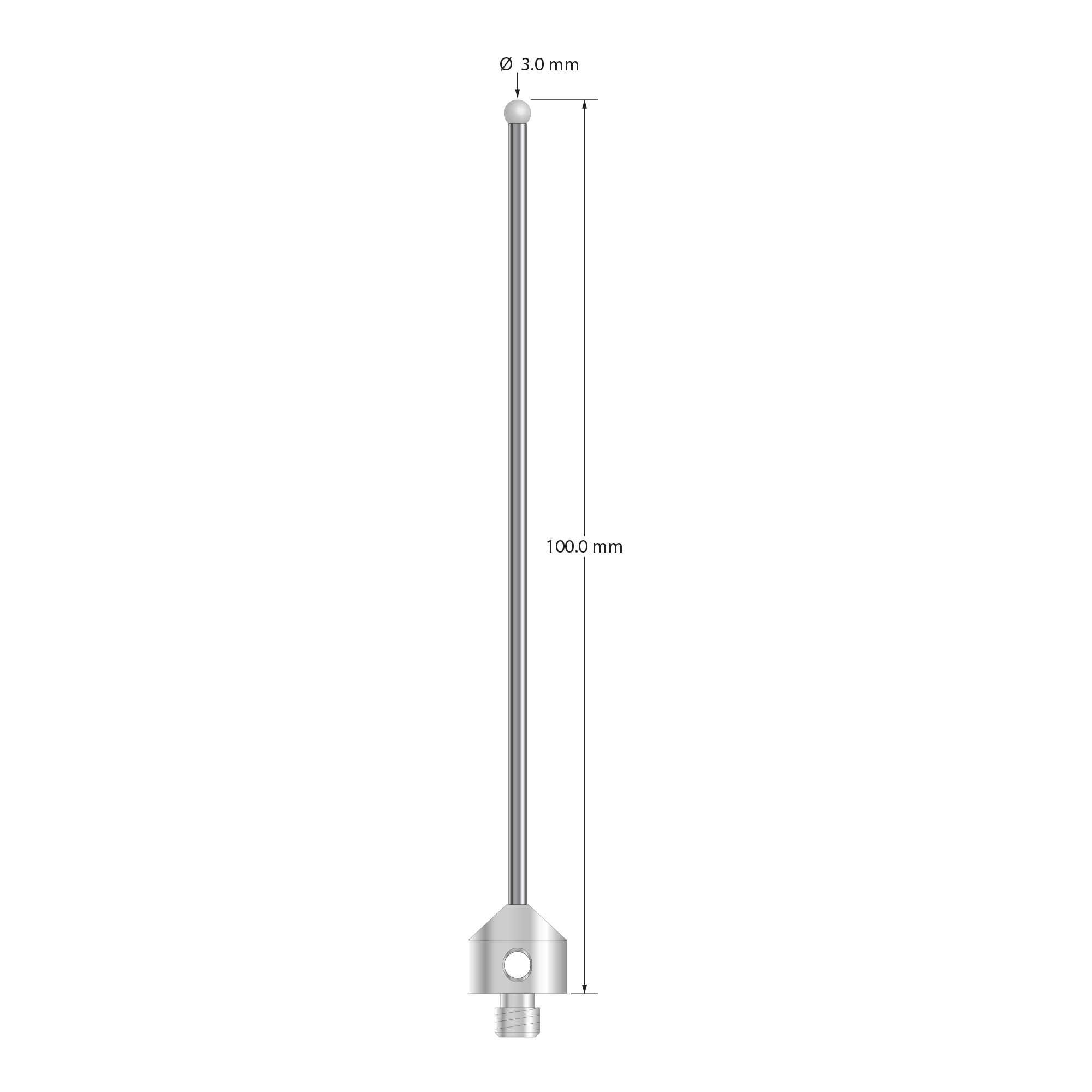 M5 stylus with 3.0 mm diameter solid diamond sphere, 2.0 mm diameter carbide stem, and 11.0 mm diameter x 10.0 mm long stainless steel base. Overall stylus length is 100.0 mm. Stylus weight is 9.73 grams.
