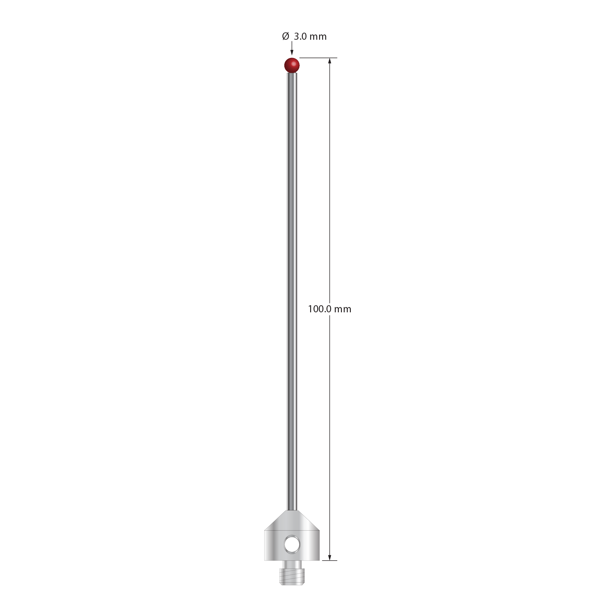 M5 stylus with 3.0 mm diameter ruby ball, 2.0 mm diameter carbide stem, and 11.0 mm diameter x 10.0 mm long stainless steel base. Overall stylus length is 100.0 mm. Stylus weight is 9.73 grams.