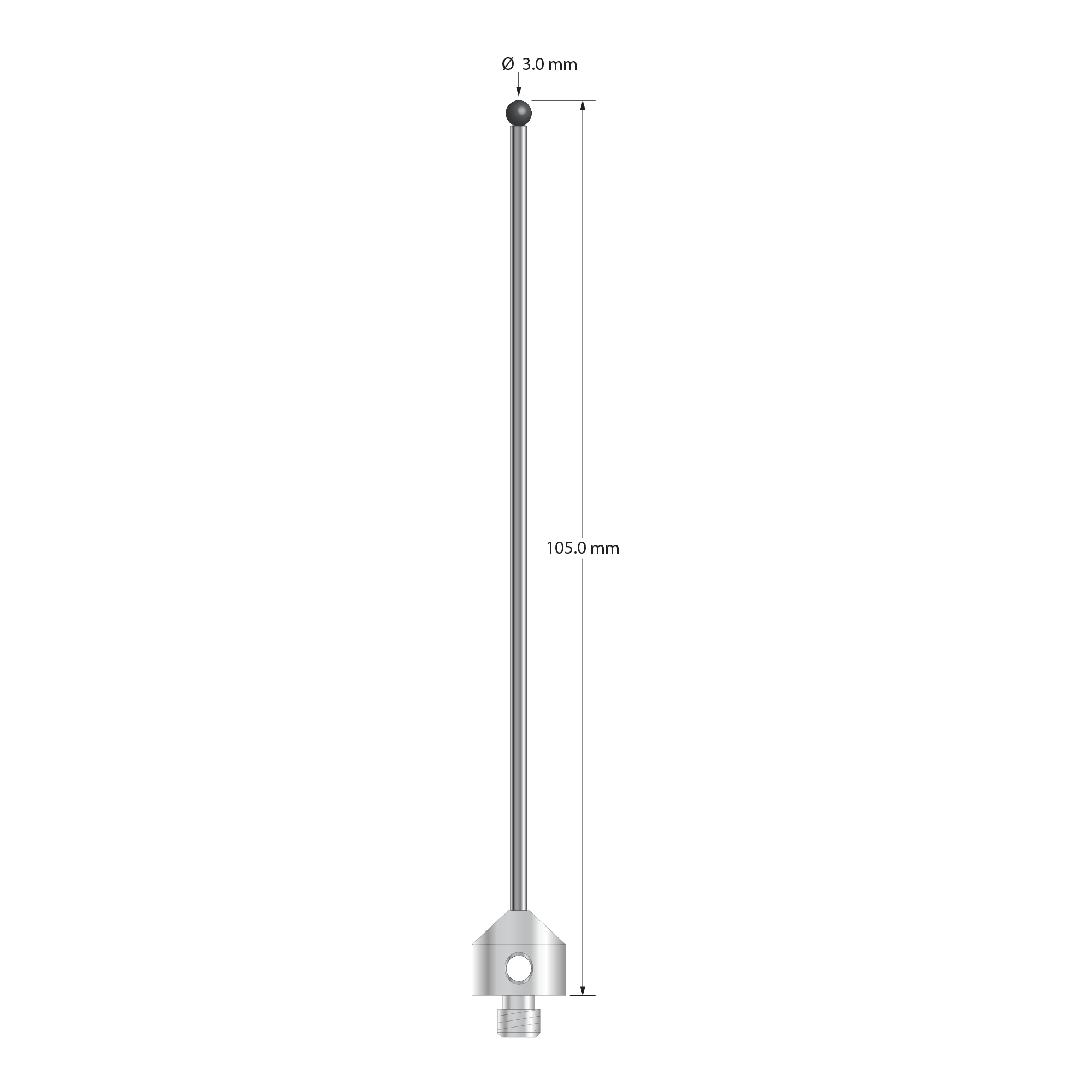 ATG-30105-SN M5 stylus with 3.0mm silicon nitride ball, carbide stem, stainless steel base, 105mm long.