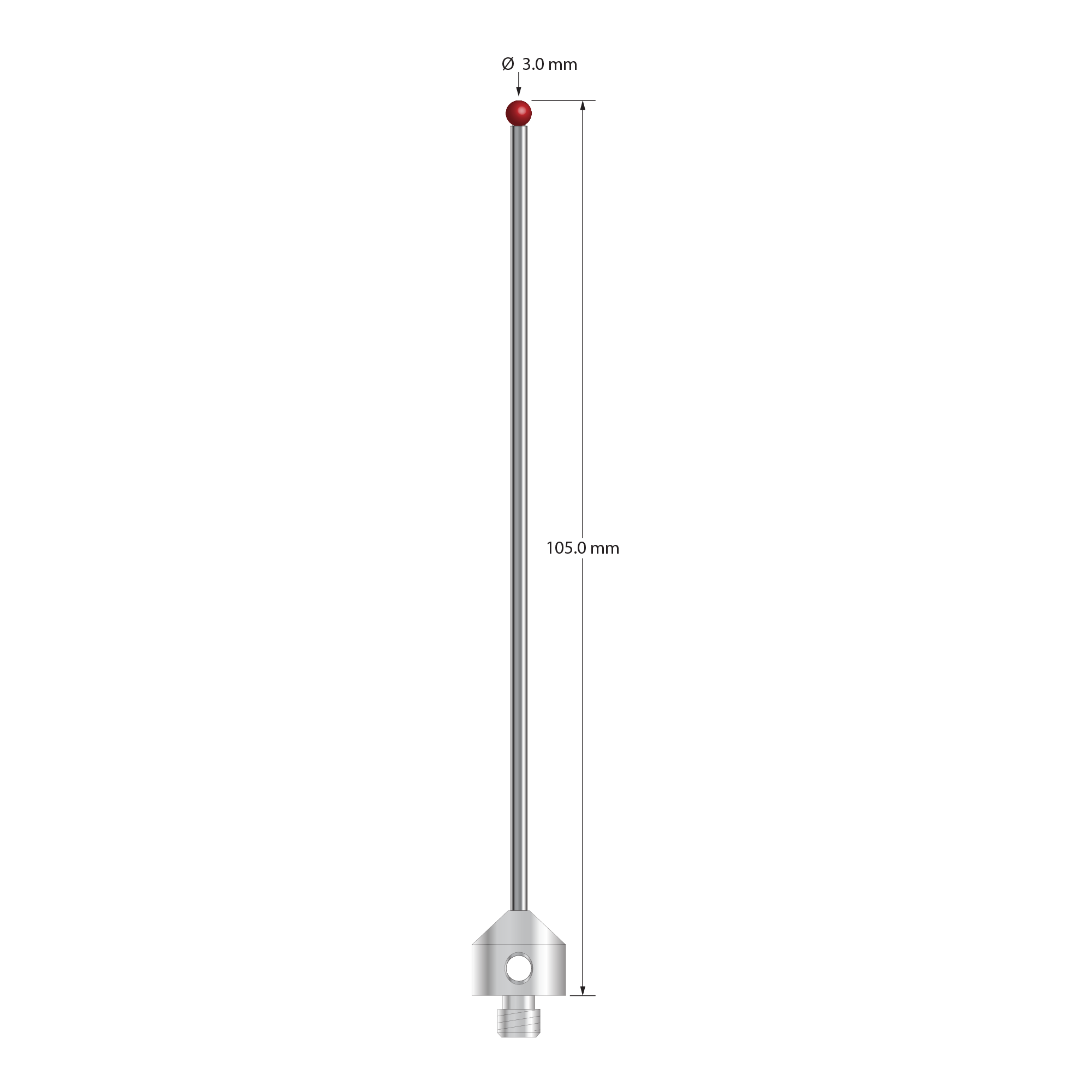 ATG-30105 M5 stylus with 3.0mm ruby ball, carbide stem, and stainless steel base, 105mm long.